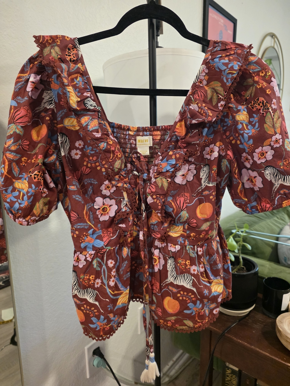 Maeve Rust Floral Lace-Up Peasant Blouse with Pink and Blue Accents